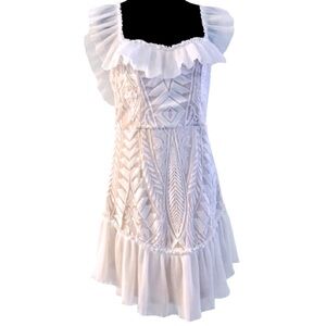 NWT Saints + Secrets White Lace Dress White Nude Illusion Large Boho Ruffle
